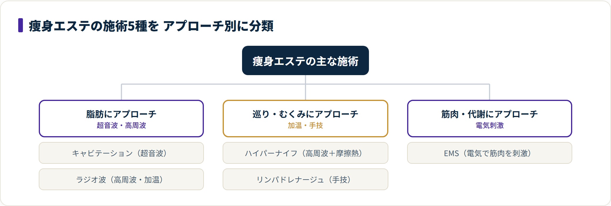 痩身エステの5施術を脂肪・巡り・筋肉へのアプローチ別に分類したツリー図