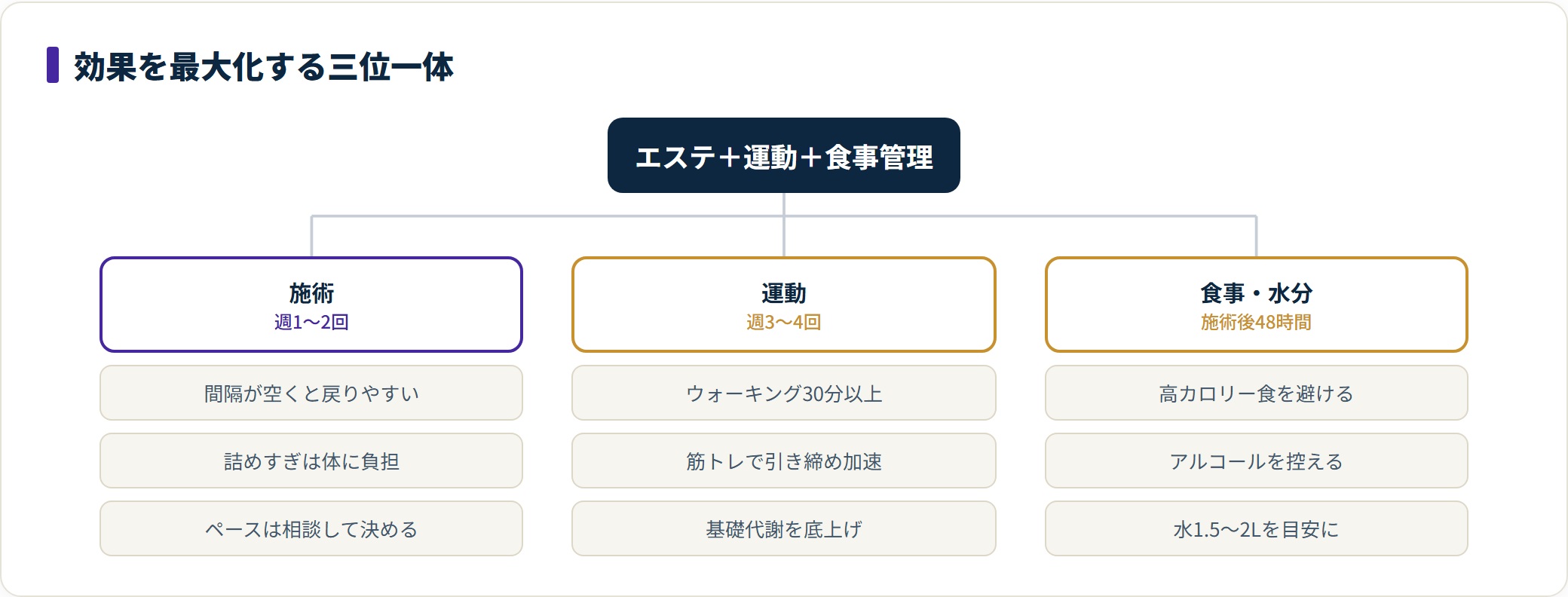 痩身エステの効果を高める要素を「施術」「運動」「食事・水分」の3つに分けたツリー図。週1〜2回の通院、週3〜4回の有酸素運動、施術後48時間の食事管理を示している。