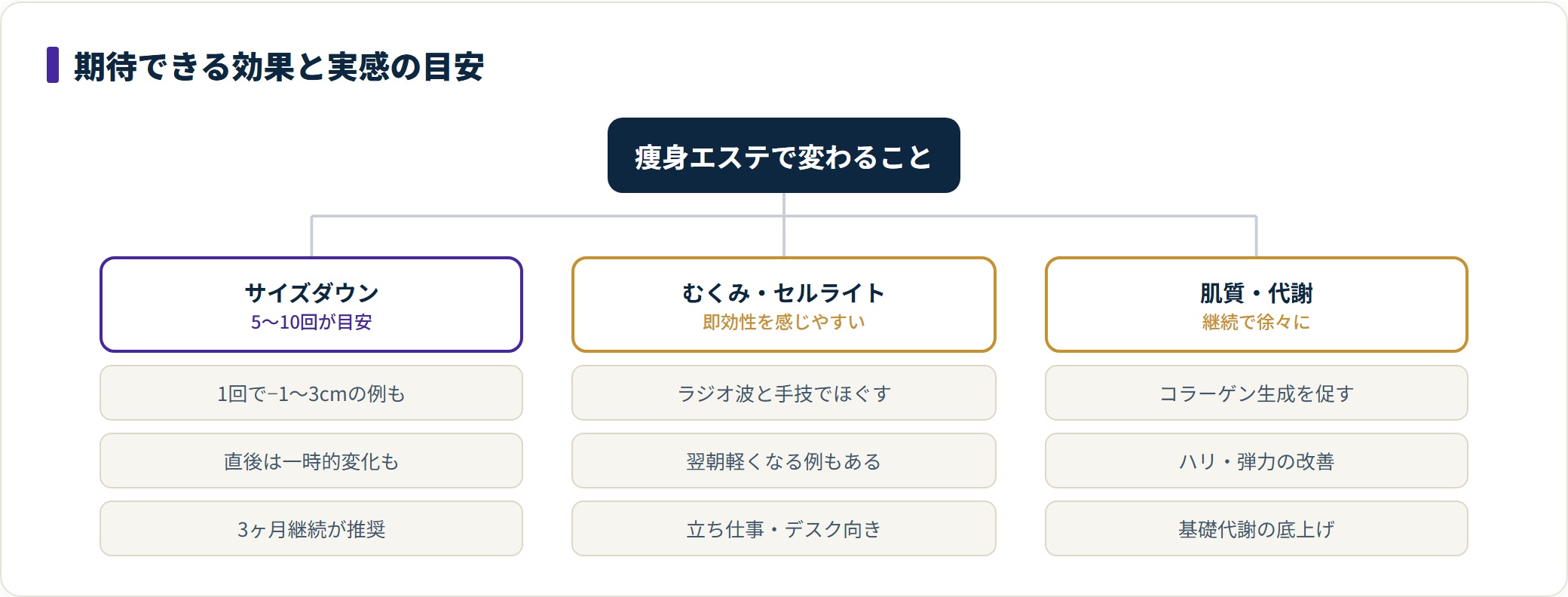 痩身エステで期待できる効果を「サイズダウン」「むくみ・セルライト」「肌質・代謝」の3つに分けたツリー図。それぞれの実感までの目安と具体的な変化を示している。